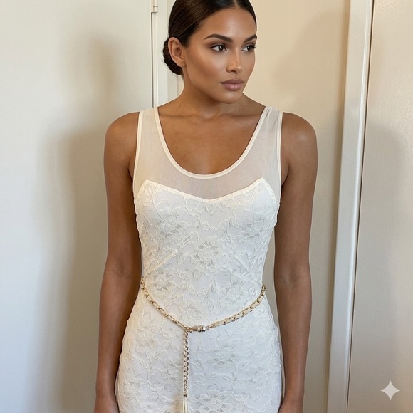 Diva Apparel Dresses & Skirts - Diva Apparel Ivory Floral Lace Dress Size Small Sheer Neckline Gold Chain Belt